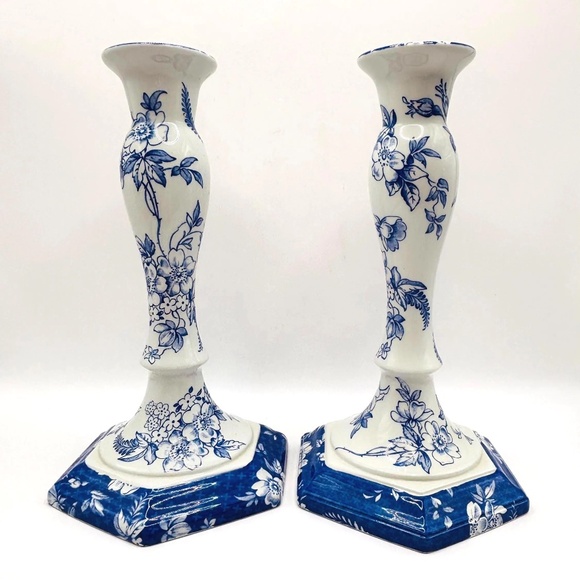 Vintage Spode Penny Lane Honeywall Blue & White Porcelain Candlesticks - Pair - Picture 1 of 15